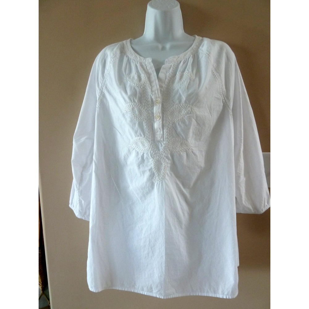 Purejill Embroidered Cotton Tunic Blouse White V-Neck Beach Cover-Up Large 14/16